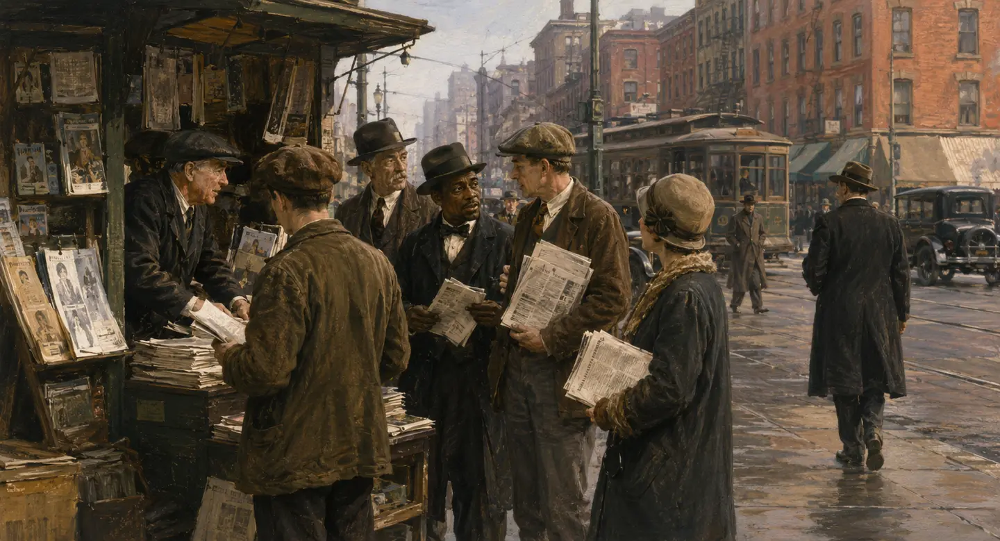 Editorial reconstruction of newspaper readers at a 1926 American city newsstand